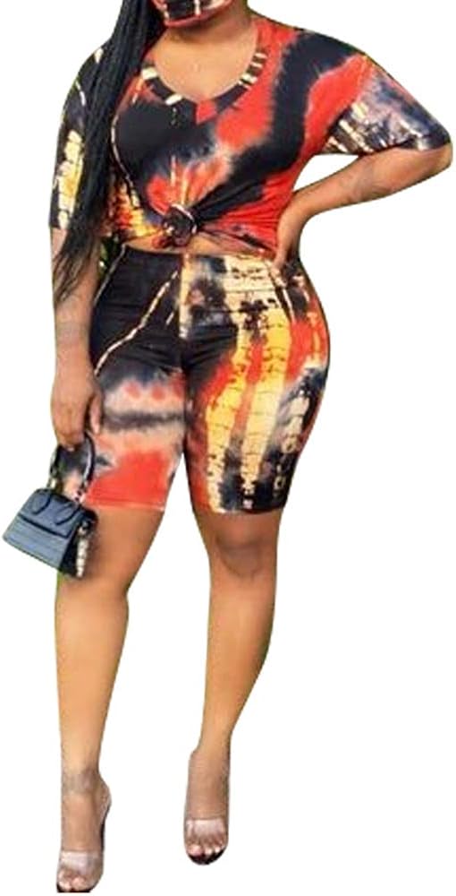 Womens Casual Two Piece Sports Outfit Plus Size Tie Dye Tracksuit Shirt Shorts Jogger Sportswear Set Black Red XL