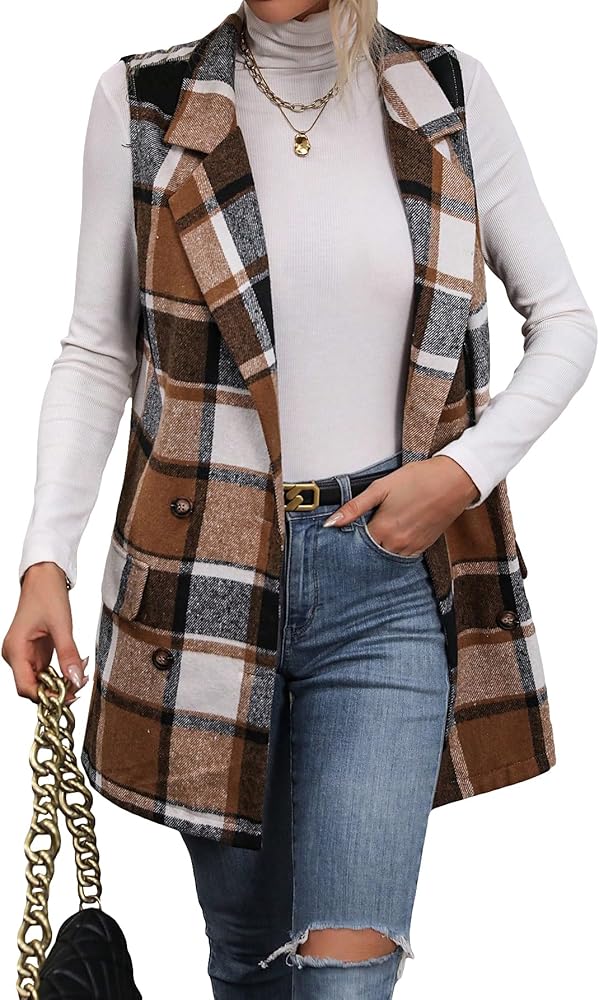 WDIRARA Women's Plaid Button Front Sleeveless Blazer Vest Casual Jacket Outerwear