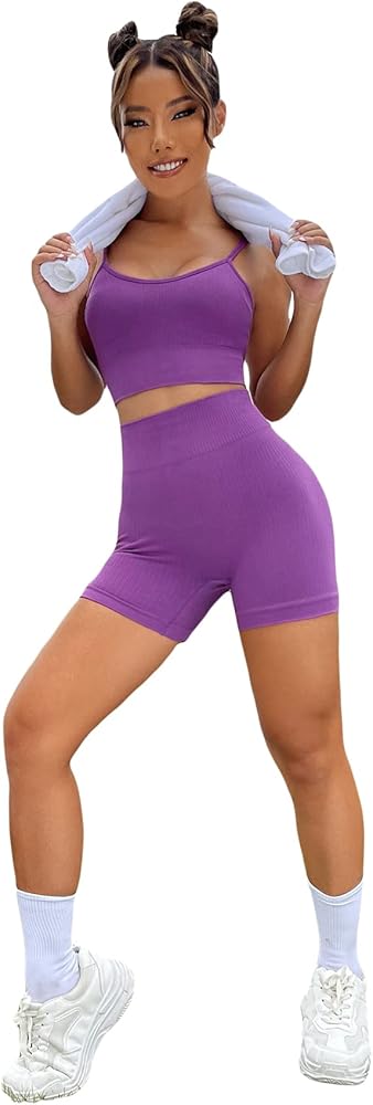 Floerns Women's Solid Ribbed Knit Spaghetti Strap Racer Back Tank Top and Shorts Sports Set