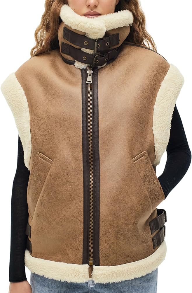 Womens Faux Suede Shearling Lined Vest Zip up Sleeveless Jacket Gilet Warm Fleece Waistcoat