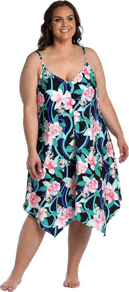 La Blanca Women's V-Neck Dress Swimsuit Cover Up, Black//Nightfall Blooms, 3X