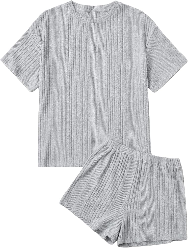 WDIRARA Women's 2 Piece Ribbed Outfits Half Sleeve Crewneck Top and Shorts Casual Set