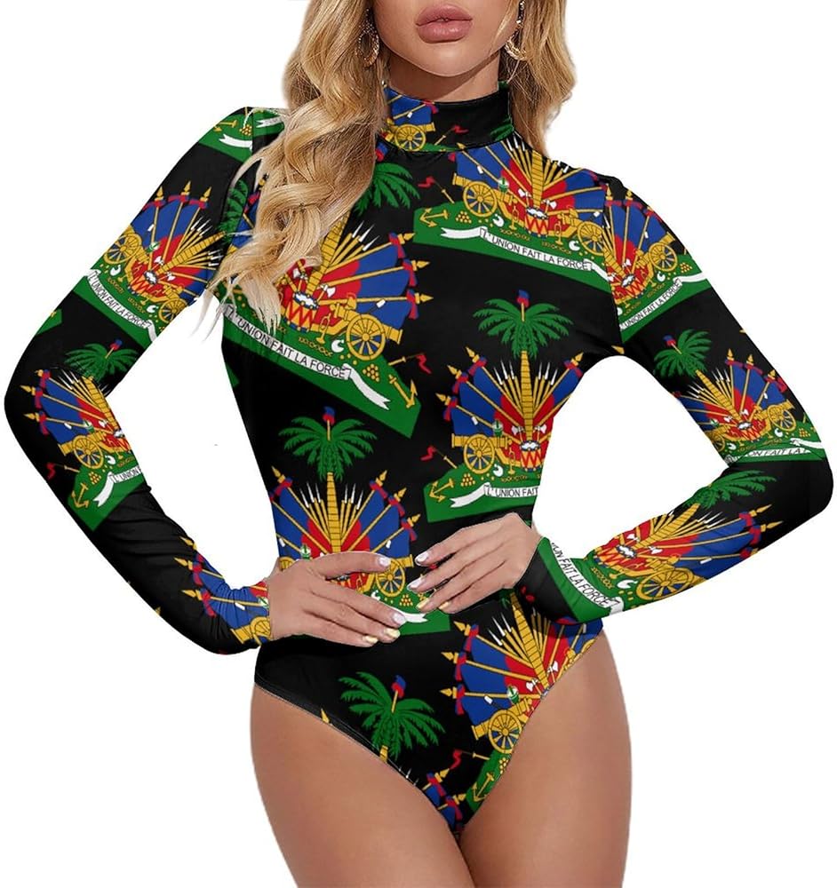 Coat Of Arms Of Haiti Women's Bodysuit Tops Turtle Neck Long Sleeve Jumpsuit Print T Shirt