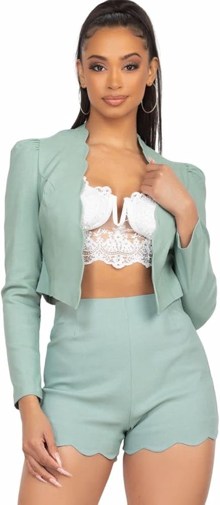 Scallop Hem Blazer Jacket & Mini Shorts Set, Womens Fashion Casual Two Piece Set, Two Piece Sets For Women Going Out