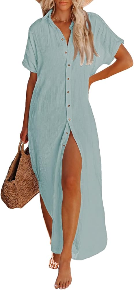 Pink Queen Women's Short Sleeve Button Down Side Slit Maxi Long Swimsuit Cover Up Blouse Dress with Belt