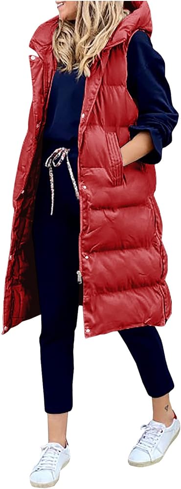 Women's Light Long Down Vest Sleeveless Long Hooded Coats Jacket Winter Warm Vest Coat Outerwear with Hood