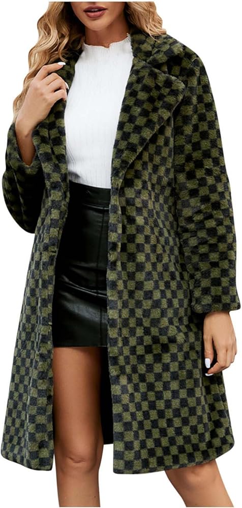 Womens 2024 Winter Faux Fur Coat Leopard Print Fleece Long Jacket Retro Lapel Warm Overcoat Plus Size Trench Coats