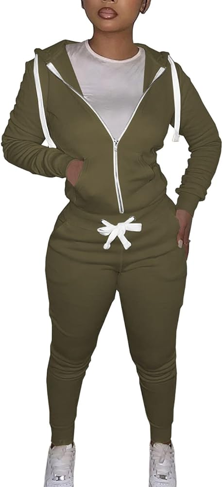 Women's Long Sleeve Drawstring Pocket Hooded Jacket with Sweatpants Set Two Piece Outfit Jogger Suit