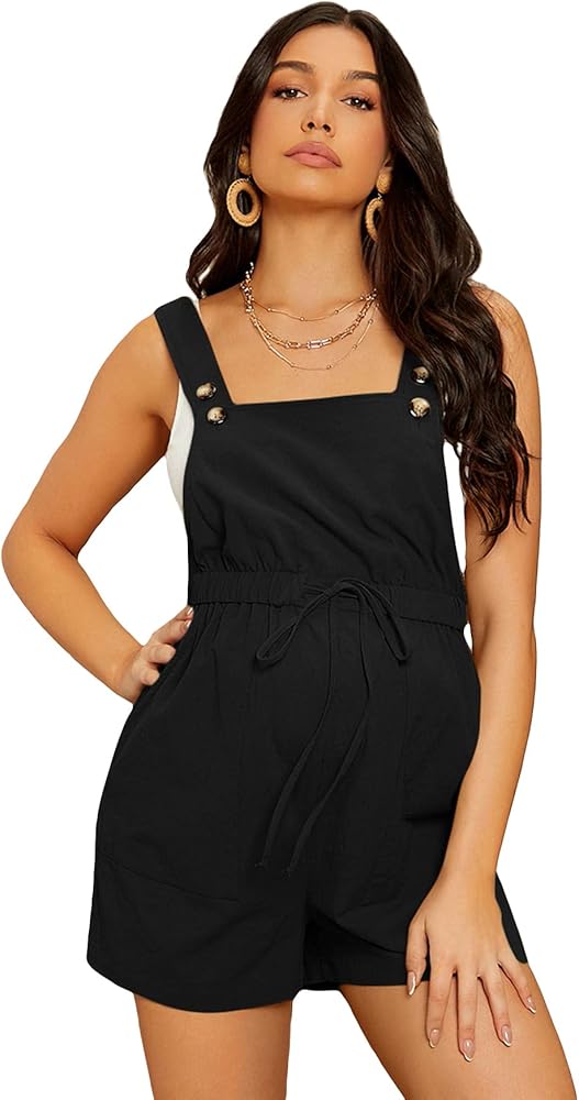 OYOANGLE Women's Maternity Button Sleeveless Drawstring High Waist Short Overall Casual Romper with Pocket