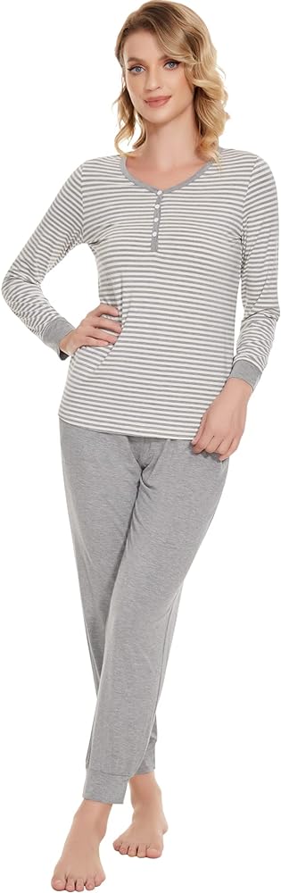 NACHILA Pajamas for Women-Viscose Made from Bamboo,Long Sleeve Pajama Sets Crew Neck Pj with Joggers Comfy Loungewear