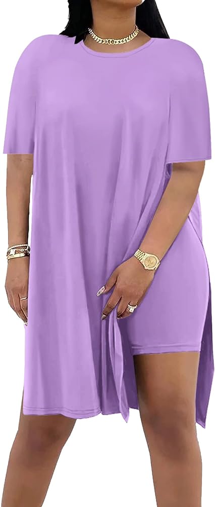 AOMONI Plus Size Two Piece Outfits For Women Summer Casual Tracksuit Side Split Short Sleeve Tunic Tops Shorts Sets Purple X-Large