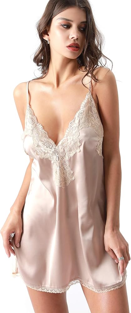 Women’s Chemise Deep V Neck Lace Nightgown Slip Satin Sleepwear Nightdress