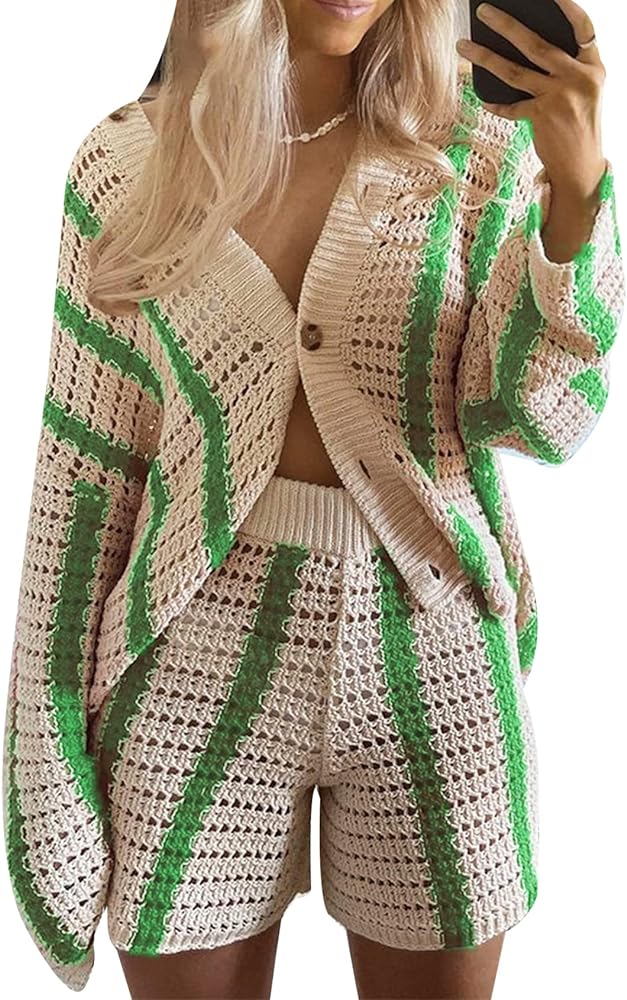 Gihuo Women' s Y2K 2 Piece Knit Outfits Striped Sweater Shorts Set Color Block Long Sleeve Button Up Shirts Shorts(Green-XSmall)