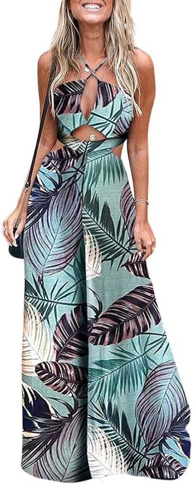 chouyatou Women's Cut Out Jumpsuit Tropical Palm Print Spaghetti Strap Wide Leg Boho Romper Overalls