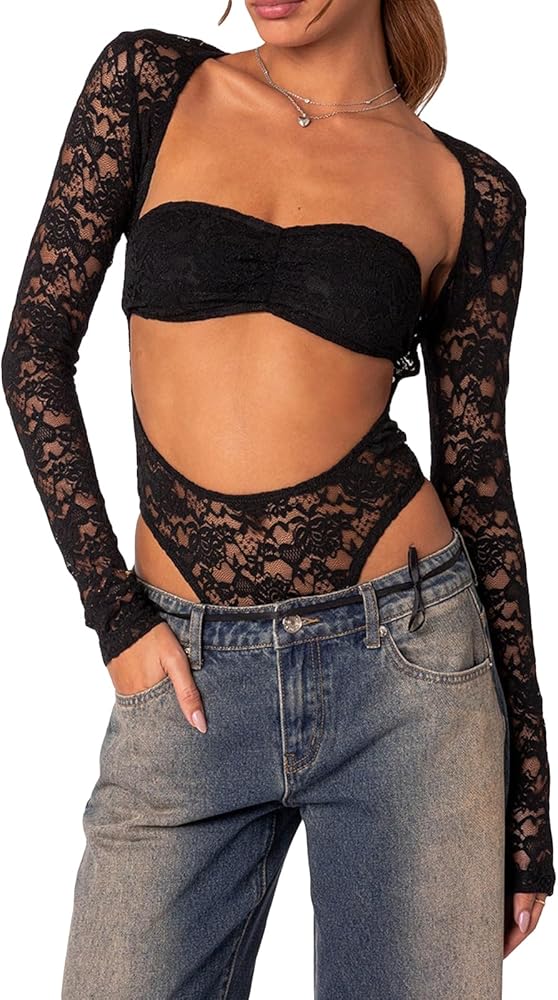 Women's Sexy Lace Cutout Front Long Sleeve Bodysuit Square Neck Fitted Floral Jumpsuit Tee Tops