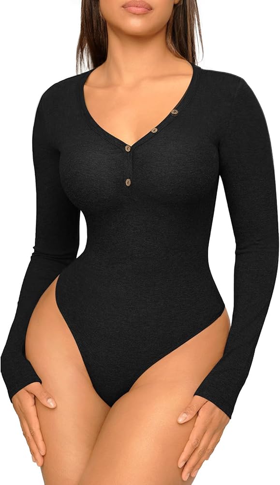 FeelinGirl Women's Long Sleeve Tops Bodysuit Deep V Neck Thong Bodysuit Long Sleeve Pack Tummy Control Shapewear