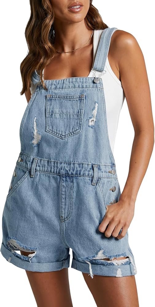 PLNOTME Women's Cotton Denim Short Overalls Loose Adjustable Strap Bib Distressed Jeans Overall Jumpsuit with Pockets