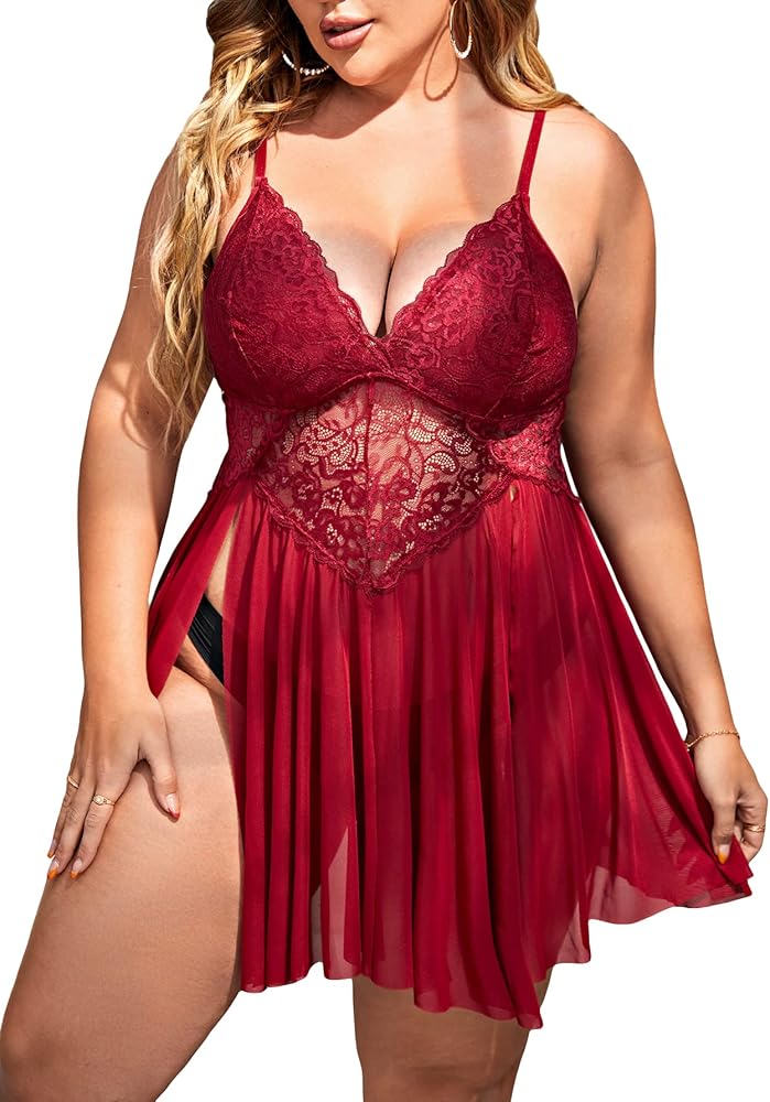 WDIRARA Women's Plus Size Floral Lace Mesh Babydoll Lingerie Dress Slit Nightgown Chemise