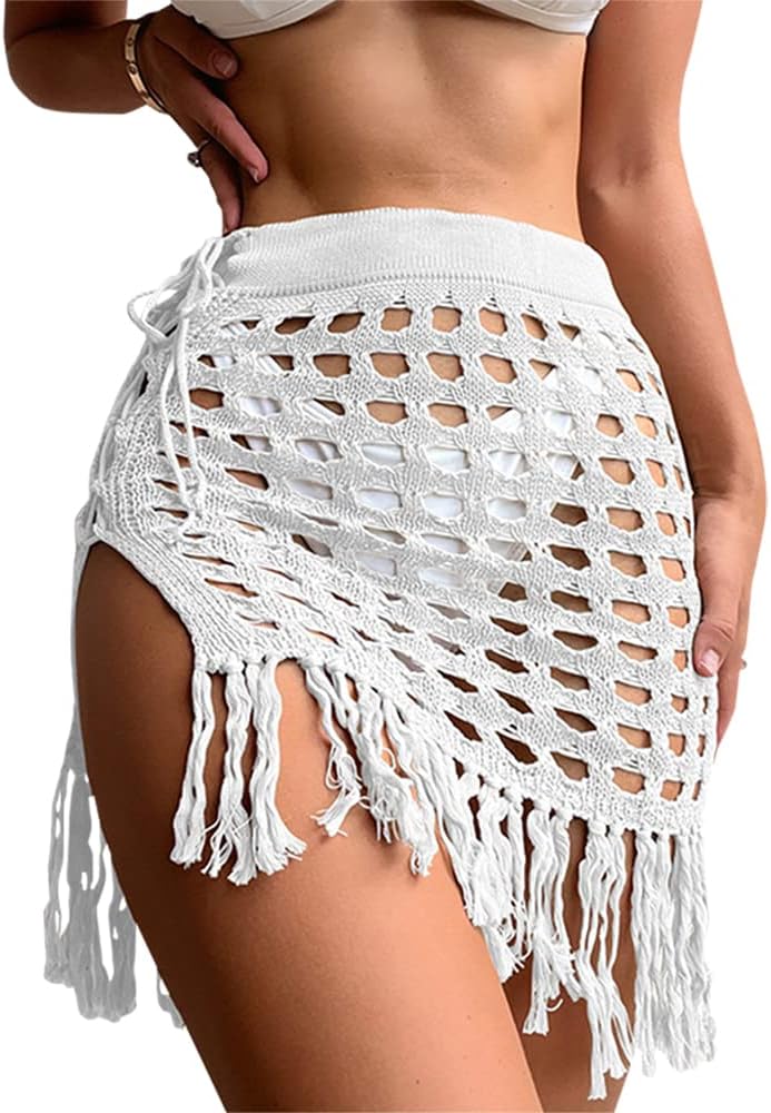 Women Crochet Skirt Beach Cover Ups Bathing Suit Swim Skirt Mini Sarong Dress with Tassels