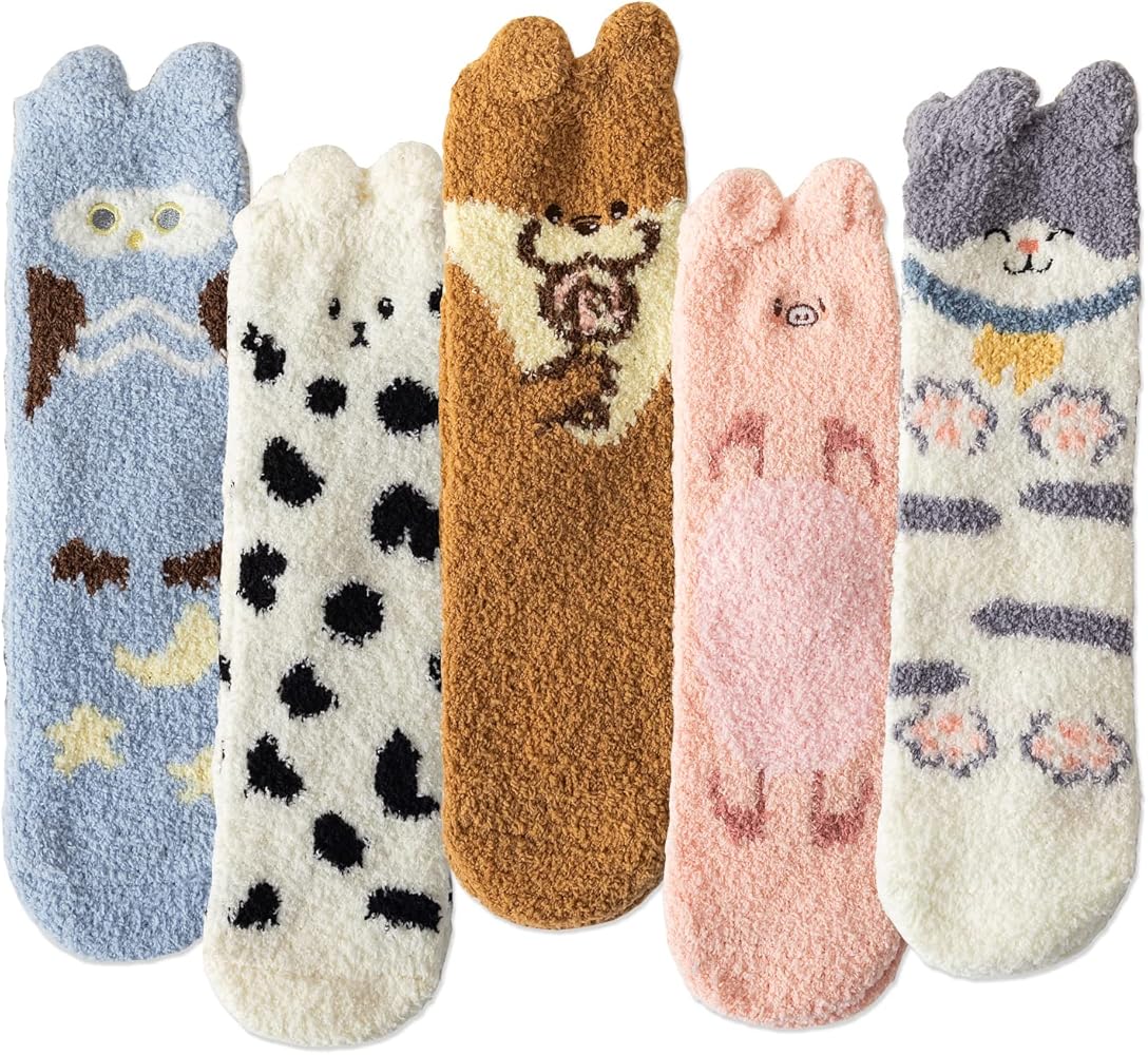 IIG Upgrade Non-shedding Womens Super Soft Fuzzy Socks Winter Colorful Cozy Home Slipper Socks Cute Fluffy Sleeping Christmas Socks Gift (Cute animals 02-5 pairs)