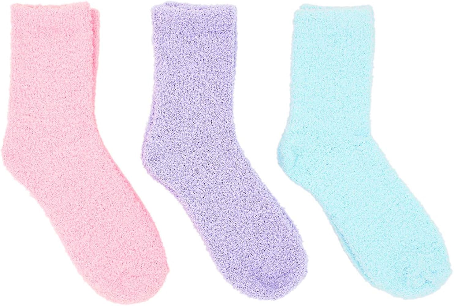 Soft Solid & Striped Winter Fuzzy Plush Socks - 3 Pairs Set, Diff Colors Avail