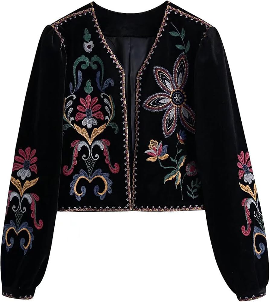 Yimoon Women's Vintage Embroidered Jacket Velvet Floral Print Open Front Coat Boho Cropped Cardigan Blouse