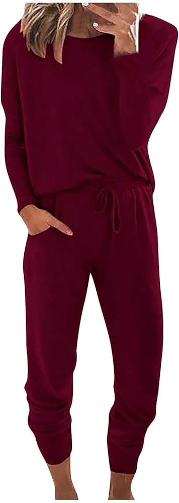 Women's Lounge Outfits 2 Piece Cozy Long Sleeve Pullover Sweater Top And Wide Leg Pants Set Pajamas Outfits, S-3XL