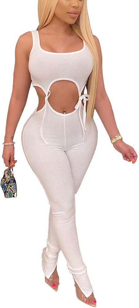 Remelon Womens Sexy Two Piece Outfit Sleeveless Tank Jumpsuits Bandage Hollow Out Bodycon Pants Set Clubwear Solid-white