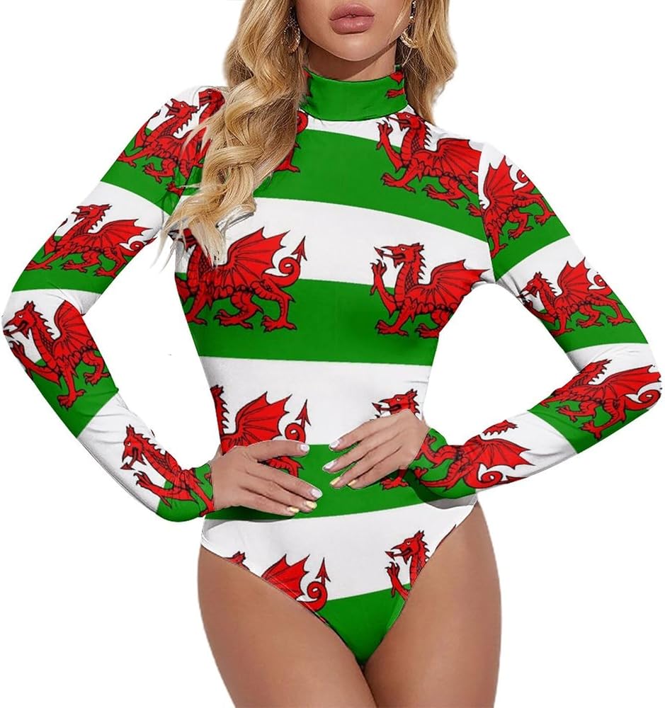 Welsh Flag Wallpaper Women's Bodysuit Tops Turtle Neck Long Sleeve Jumpsuit Print T Shirt