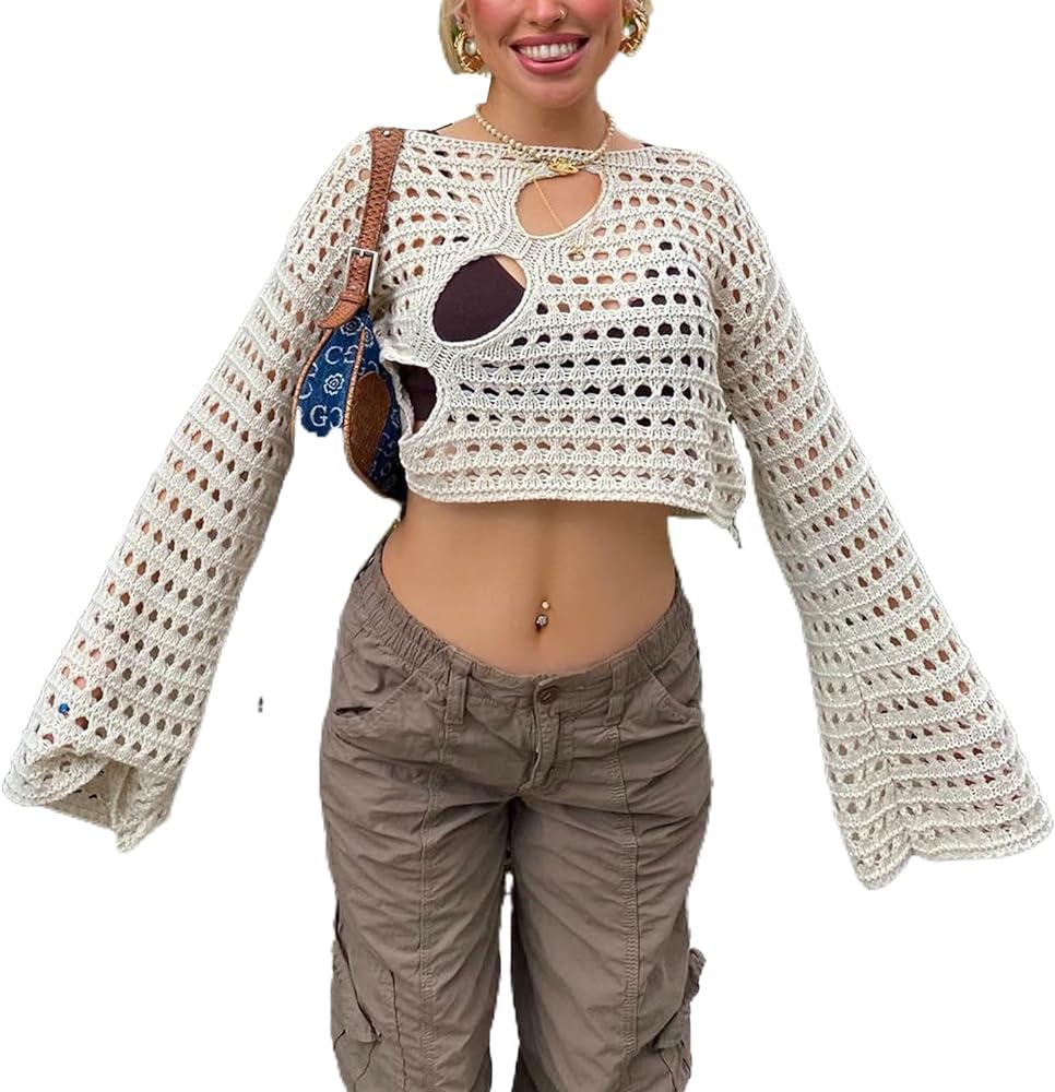 Women Crochet Knitted Crop Top Long Sleeve Hollow Out Pullover Swimsuit Cover ups Bikini Coverup Swim Beachwear