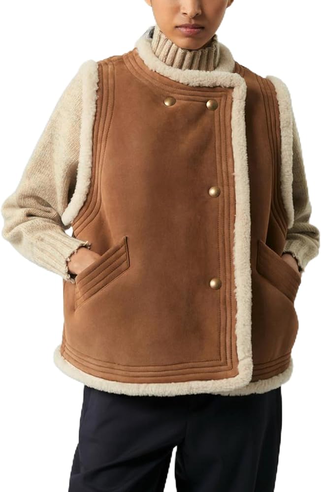 Women's Fleece Vest Casual Sleeveless Double Breasted Thicken Outwear Winter Sleeveless Sherpa Jackets