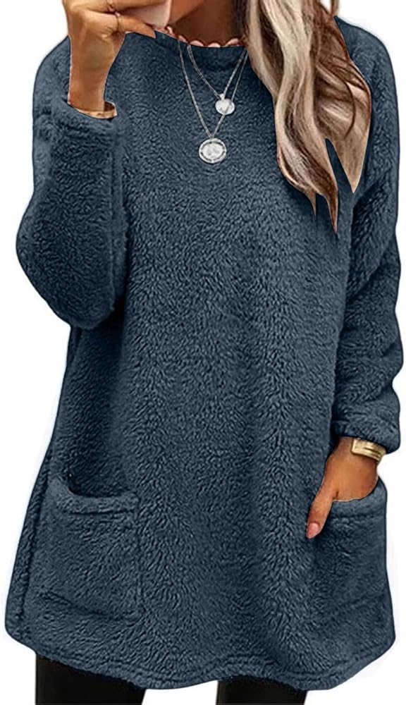 Women's Warm Sherpa Crewneck Pullovers Fleece Sweatshirt Tops Faux Fur Fluffy Long Sleeve Pullover Tops with Pockets