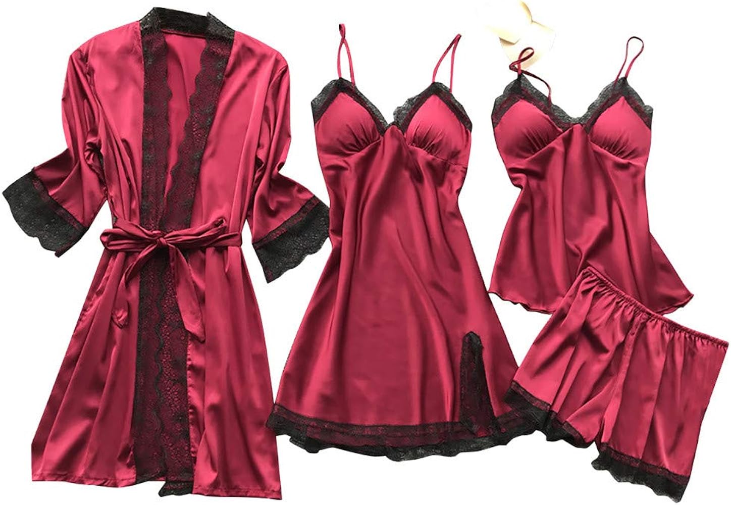 Pj Sets For Woman 4pcs Lace Trim Sleepwear With Robe Camisole Satin Lingerie Nightwear Oversized Loose Fitting Pjs