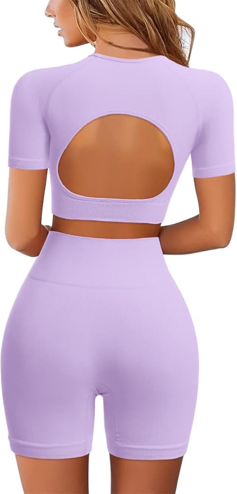 IWEMEK Workout Sets for Women Seamless Short Sleeve Crop Top High Waist Biker Shorts 2 Pieces Exercise Gym Yoga Outfits