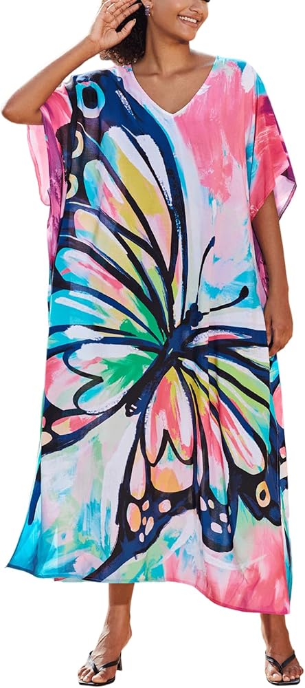 Plus Size Beach Kaftan dresses for women Print V-neck Long Swimsuit Cover Ups