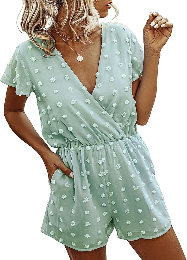 BTFBM Women 2024 Summer Fashion V Neck Wrap Rompers Swiss Dot Pocketed Elastic Waist Short Sleeve Beach Shorts Jumpsuit