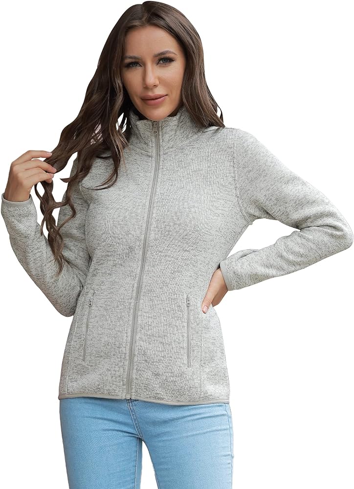 Women Zip Up Sweater Jacket with Fleece Interior, Warm Knitted Fleece Jacket with Pockets