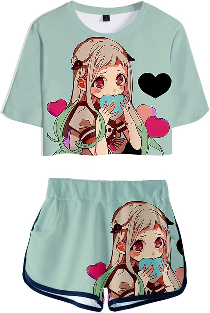 Anime Toilet Bound Hanako kun 2 Piece Outfits Crop Top T-Shirt and Shorts Set for Women Girls