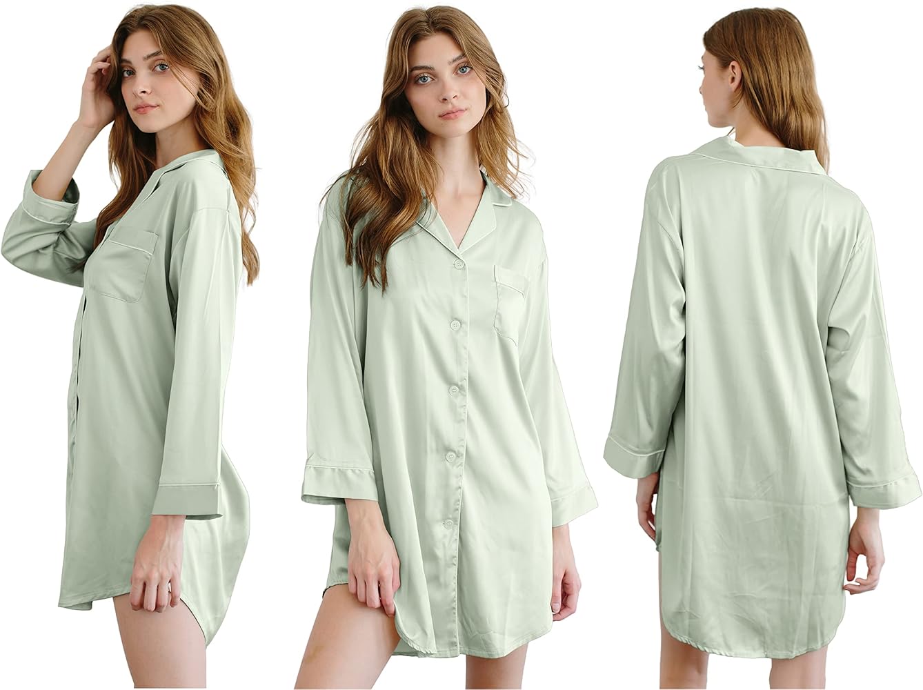 Queens Bridal Women's Satin Sleepshirt Nightgown Button Down Long Sleeve Sleepwear Dress Pajama