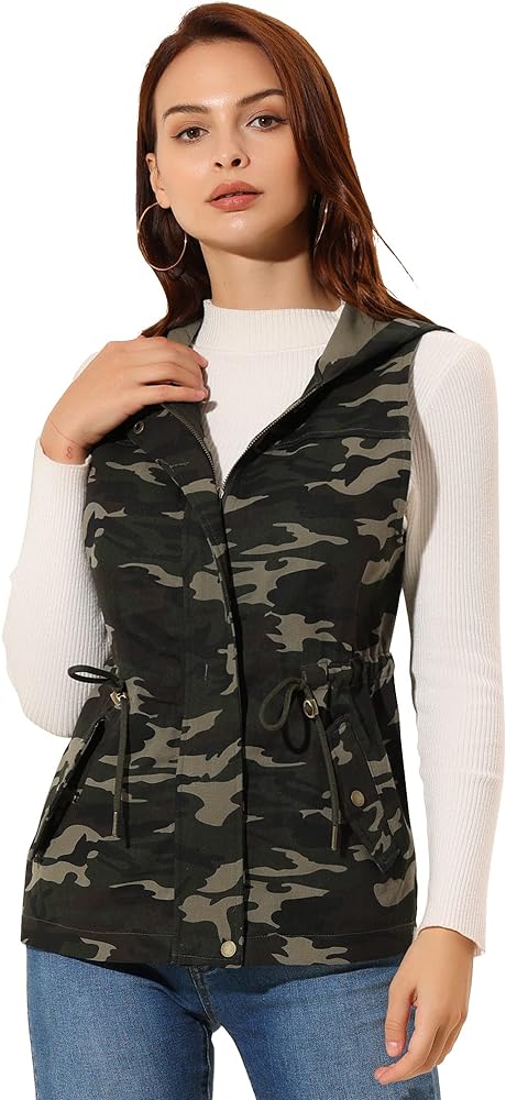 Allegra K Women's Camo Vest Hooded Drawstring Waist Cargo Sleeveless Jacket