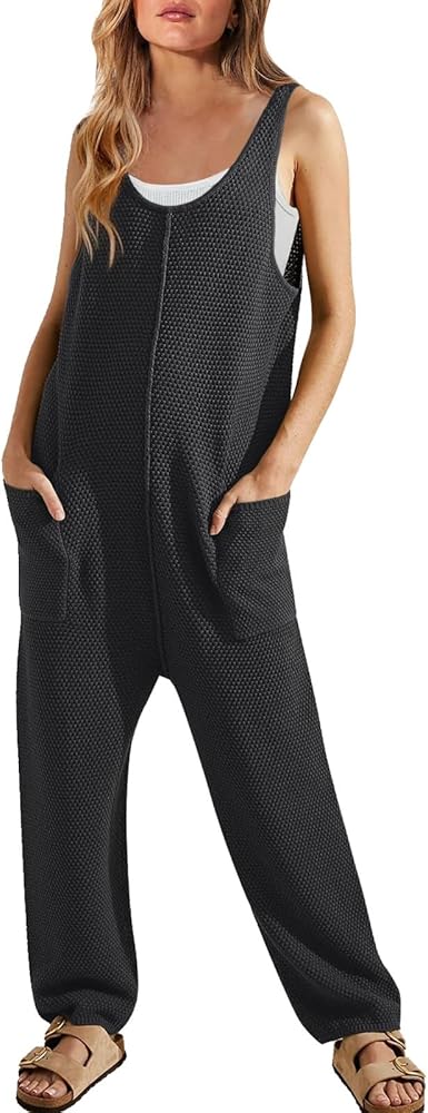 Womens Ribbed Knit Jumpsuit Sweater Romper Sleeveless Pajamas Loungewear Long Pants Romper Overalls for Women