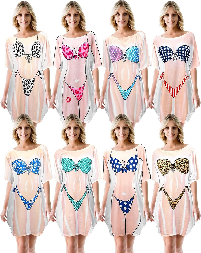 8 Pcs Women's Bikini Cover ups Shirt Short Sleeve Bikini Print Beach Dress T shirt Swimsuit Baggy Swimwear for Women