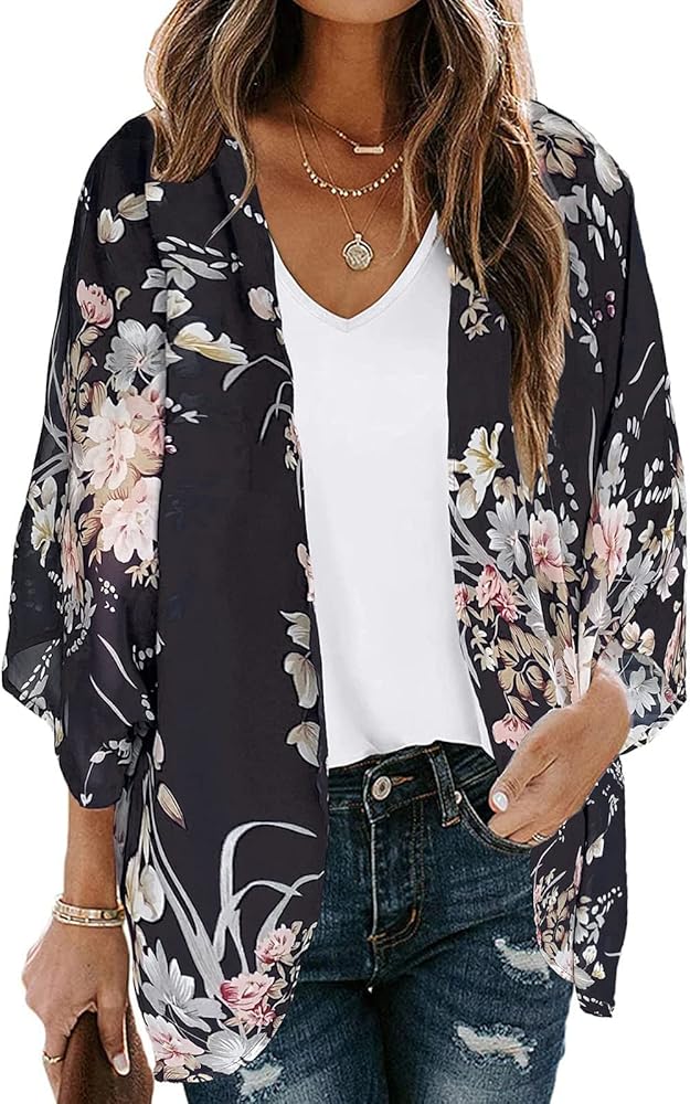 Swimsuit Cover up for Women Puff Sleeve Boho Floral Print Cardigans Summer Beach Flowy Cover Ups for Swimwear