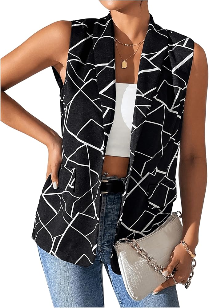 GORGLITTER Women's Sleeveless Blazer Vest Geo Print Open Front Waistcoat Business Blazers Jacket