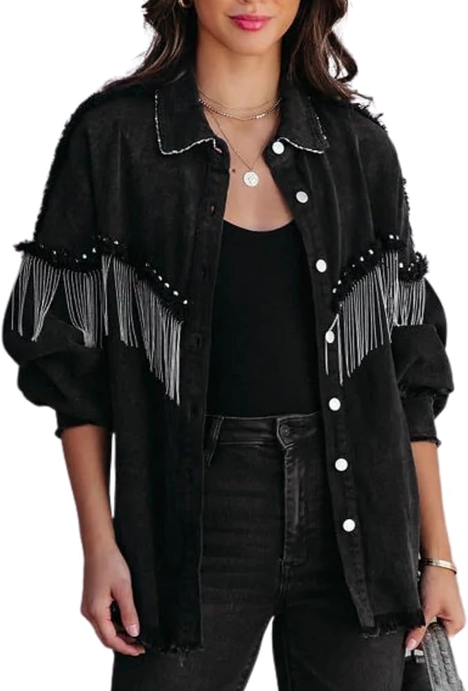 FindThy Women’s Fashion Rhinestone Fringe Jacket Long Sleeve Denim Jean Jackets Cowgirl Coats