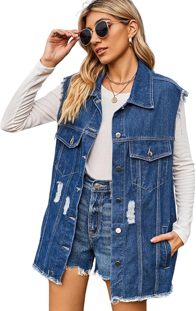 utcoco Womens 2024 Denim Vest Distressed Button Down Denim Jacket Raw Hem Ripped Jean Vest Tops