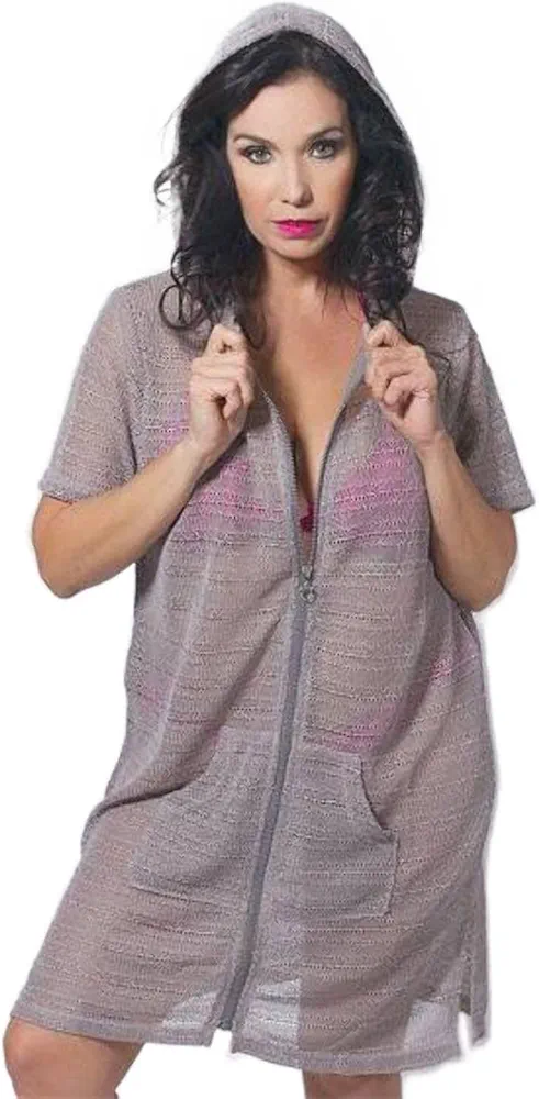 Women's Hooded Full Zip Beach Cover-up Dress | Zip front cover up 1104-GREY S/M