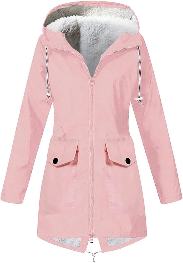 Women's Winter Coats 2023 Rain Plush Solid Stripe Jacket Outdoor Plus Waterproof Hooded Raincoat, S-3XL