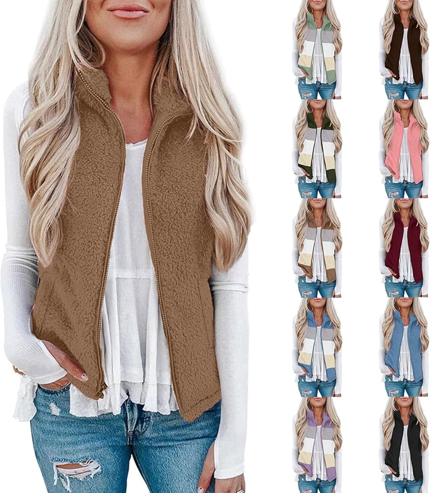 Womens Fuzzy Sherpa Fleece Jacket Lightweight Vest Winter Cozy Sleeveless Cardigan Coats Zipper Waistcoat Outerwear