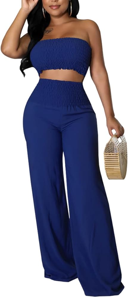 JTNFairy 2 Piece Outfits Women Stretchy sleeveless Solid color Bodycon Casual Crop Tube Top and Flare Leg Pants Sets SkyBlue